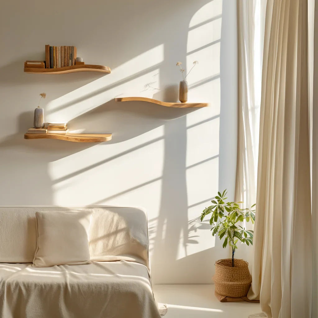 Floating wave shelf set displayed above cream sofa under soft sunlight in minimalist room