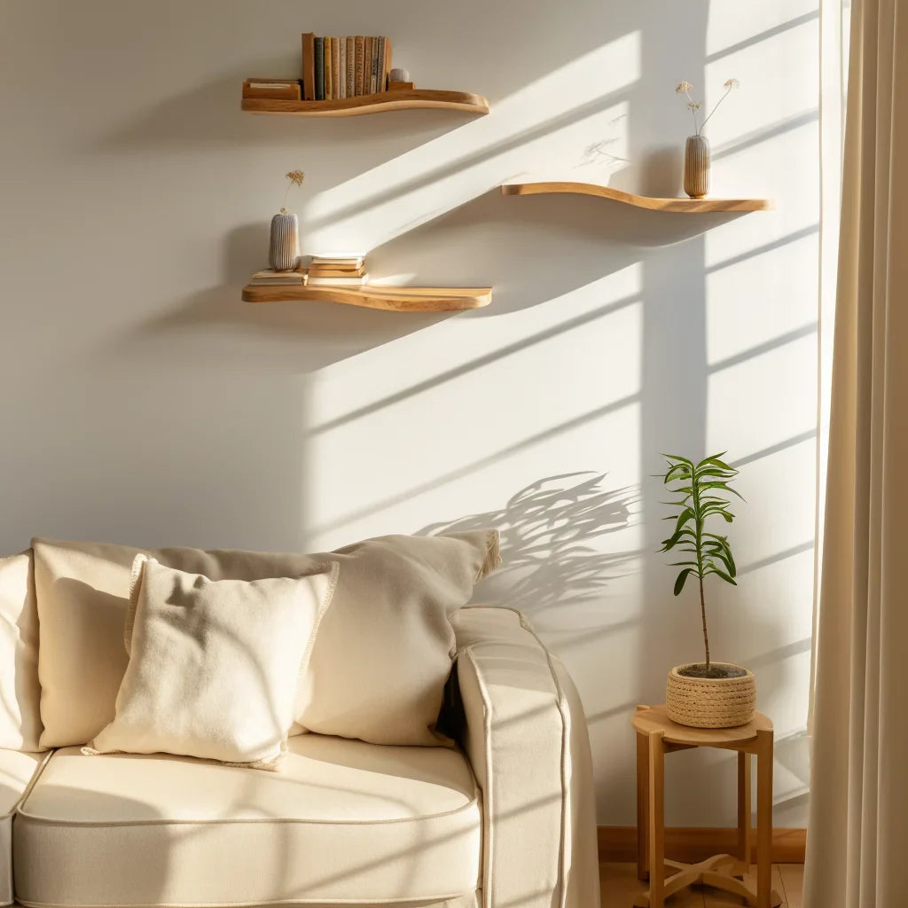 Floating wave shelf set displayed above cream sofa under soft sunlight in minimalist room
