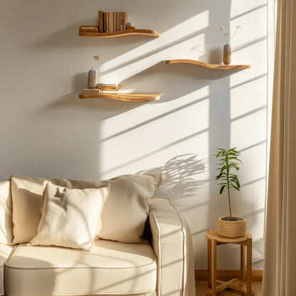 Floating wave shelf set displayed above cream sofa under soft sunlight in minimalist room