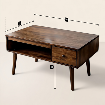 Mid-Century Coffee Table Single Drawer Open Storage Design