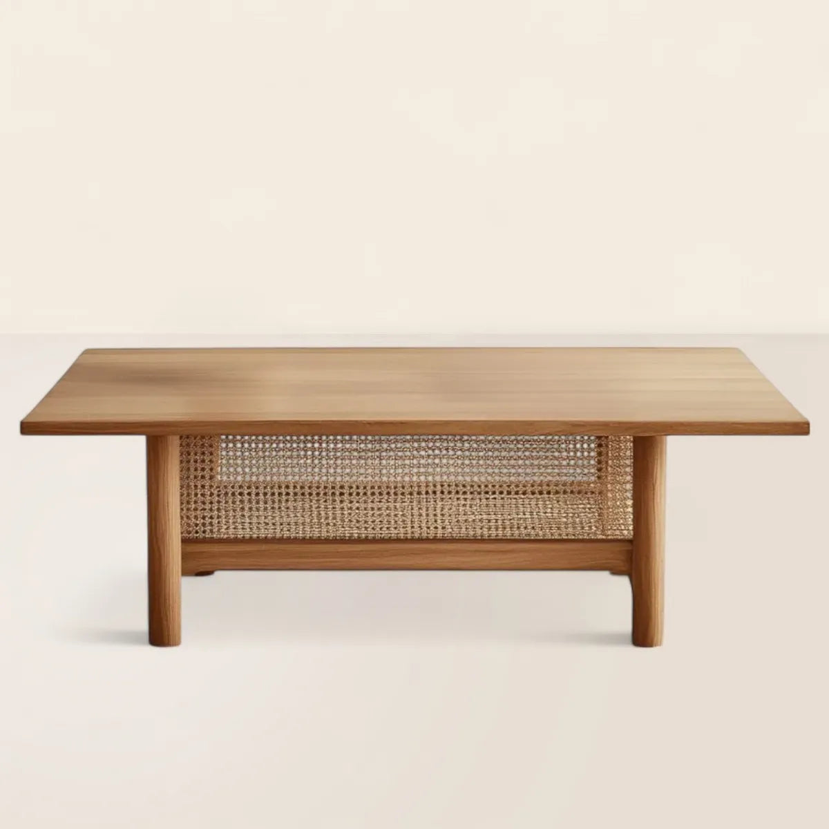 Mid Century Coffee Table with Woven Shelf for Timeless Living