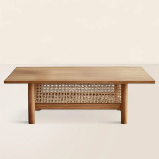 Mid Century Coffee Table with Woven Shelf for Timeless Living