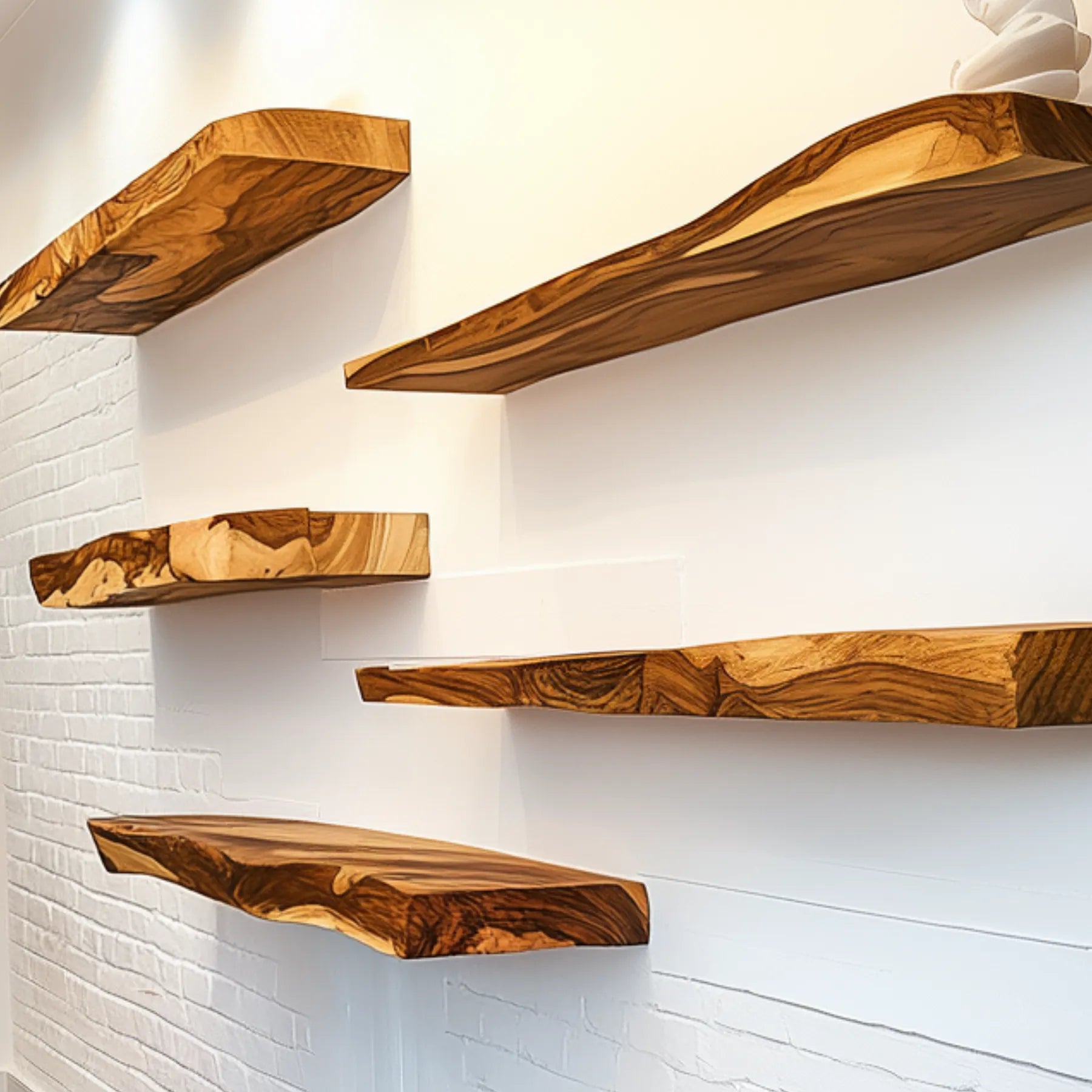 Handcrafted Floating Shelf mounted on white wall in café displaying mugs and décor