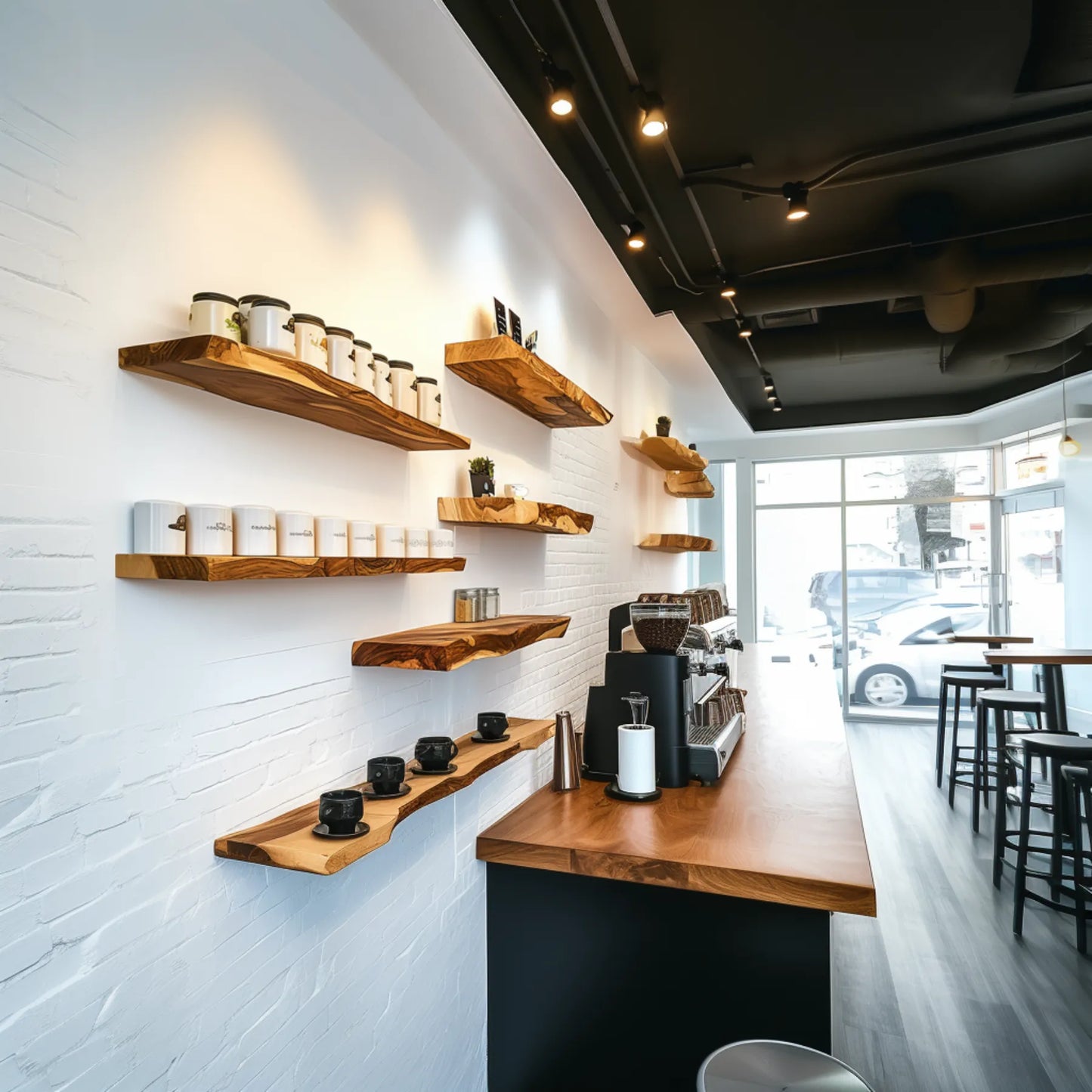 Handcrafted Floating Shelf mounted on white wall in café displaying mugs and décor