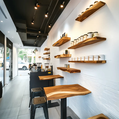 Handcrafted Floating Shelf mounted on white wall in café displaying mugs and décor