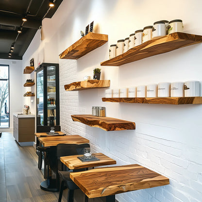Handcrafted Floating Shelf mounted on white wall in café displaying mugs and décor