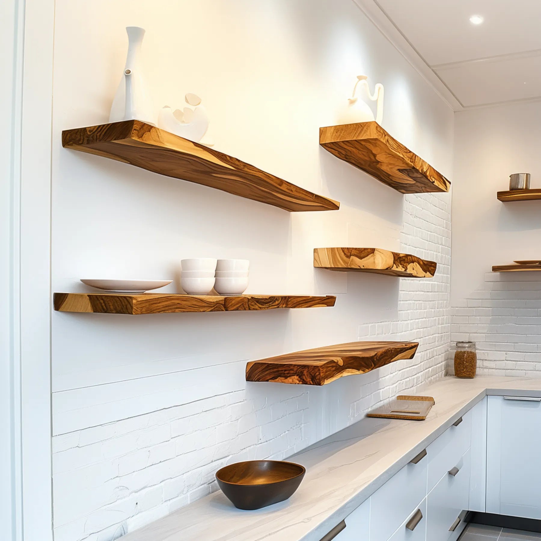Handcrafted Floating Shelf mounted on white wall in café displaying mugs and décor
