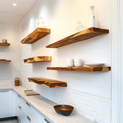 Handcrafted Floating Shelf mounted on white wall in café displaying mugs and décor