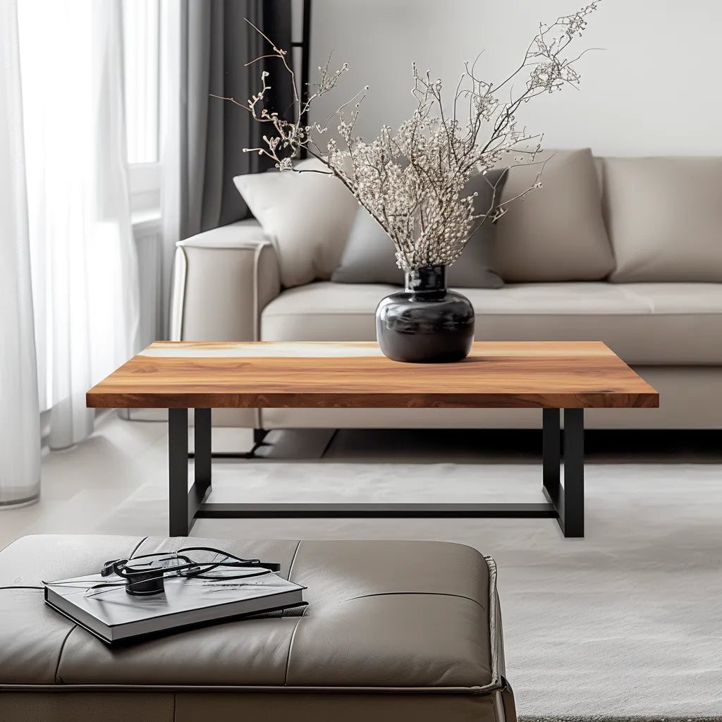Industrial live edge coffee table with metal base and natural wood top.