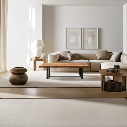 Industrial live edge coffee table with metal base and natural wood top.