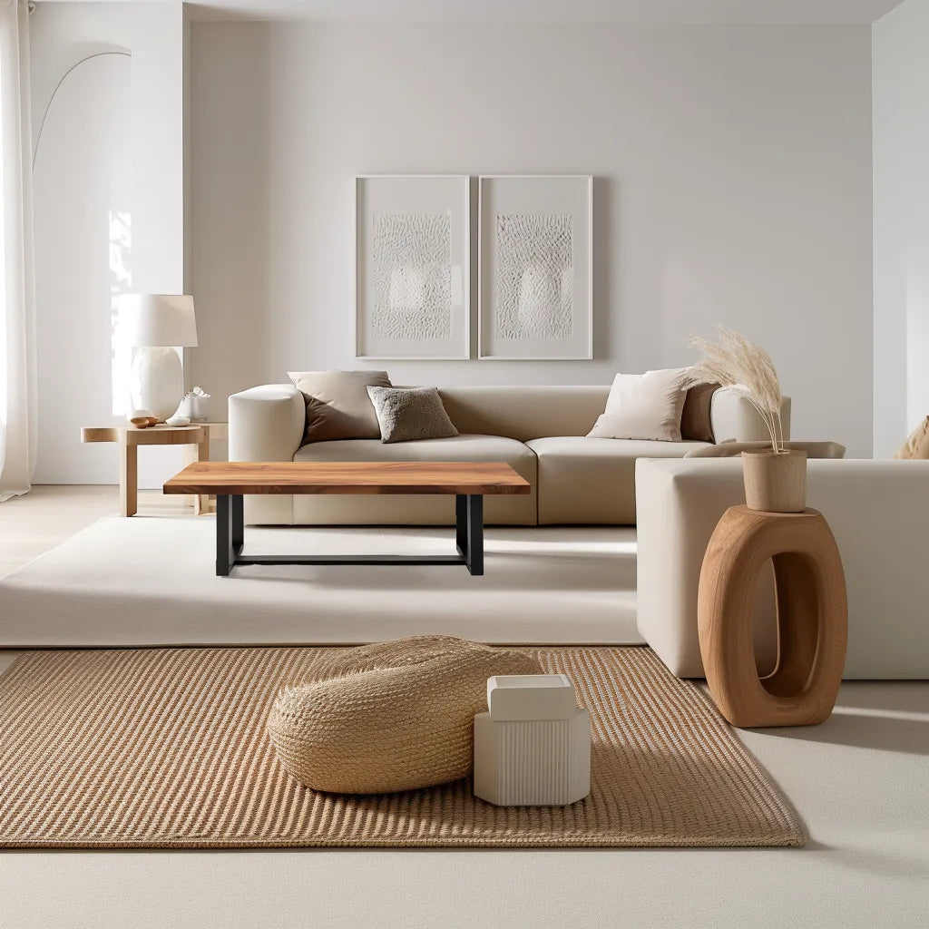 Industrial live edge coffee table with metal base and natural wood top.