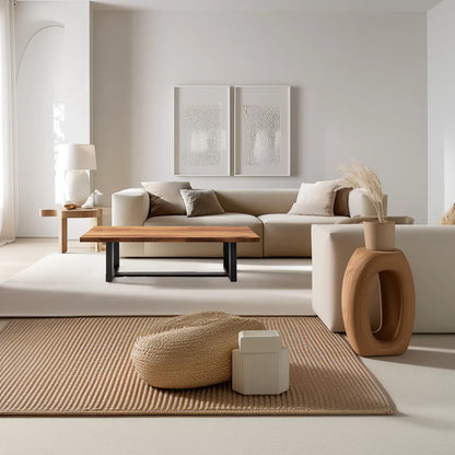 Industrial live edge coffee table with metal base and natural wood top.