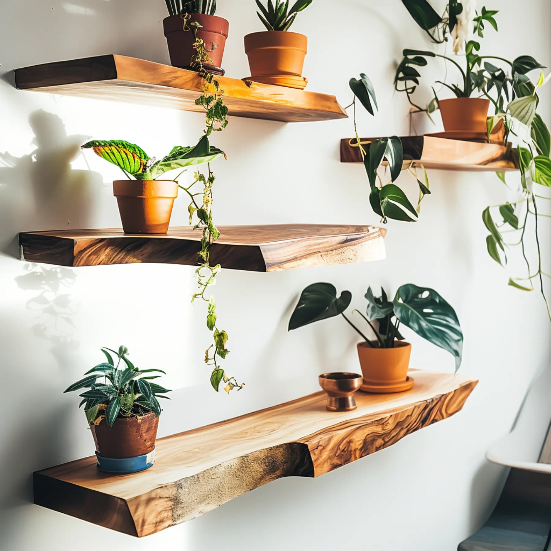 Live Edge Floating Shelf mounted on white wall featuring plants and decorative items