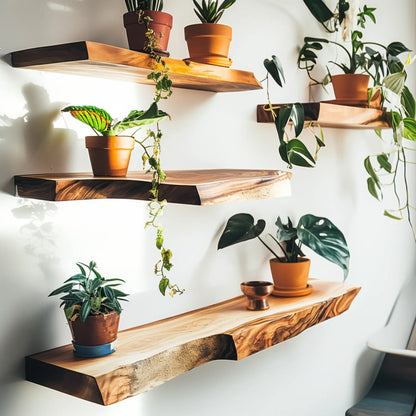 Live Edge Floating Shelf mounted on white wall featuring plants and decorative items