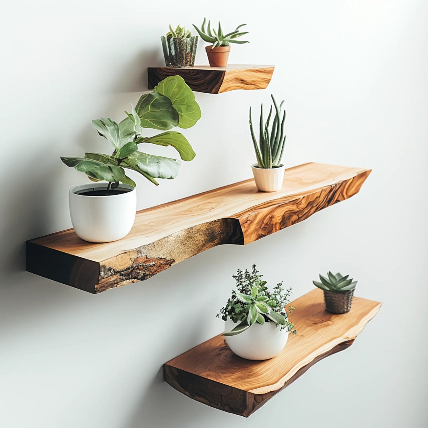 Live Edge Floating Shelf mounted on white wall featuring plants and decorative items