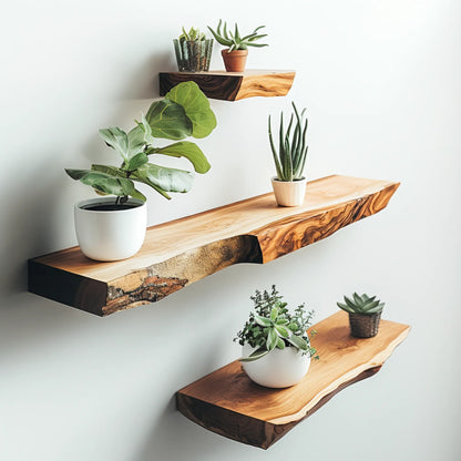 Live Edge Floating Shelf mounted on white wall featuring plants and decorative items