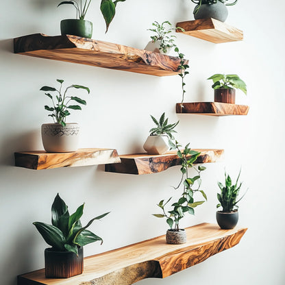 Live Edge Floating Shelf mounted on white wall featuring plants and decorative items