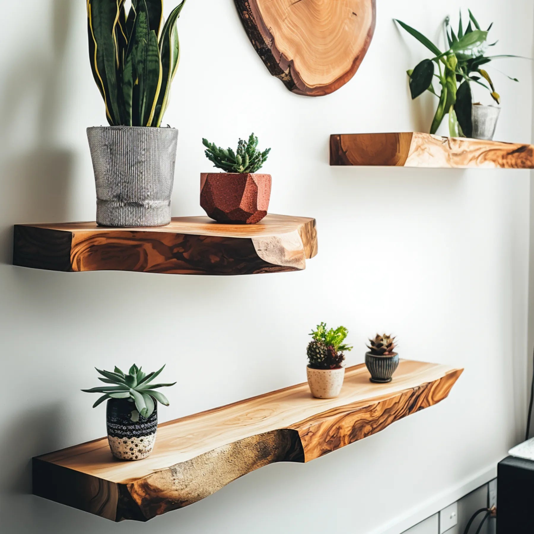 Live Edge Floating Shelf mounted on white wall featuring plants and decorative items