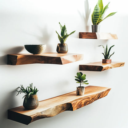 Live Edge Floating Shelf mounted on white wall featuring plants and decorative items