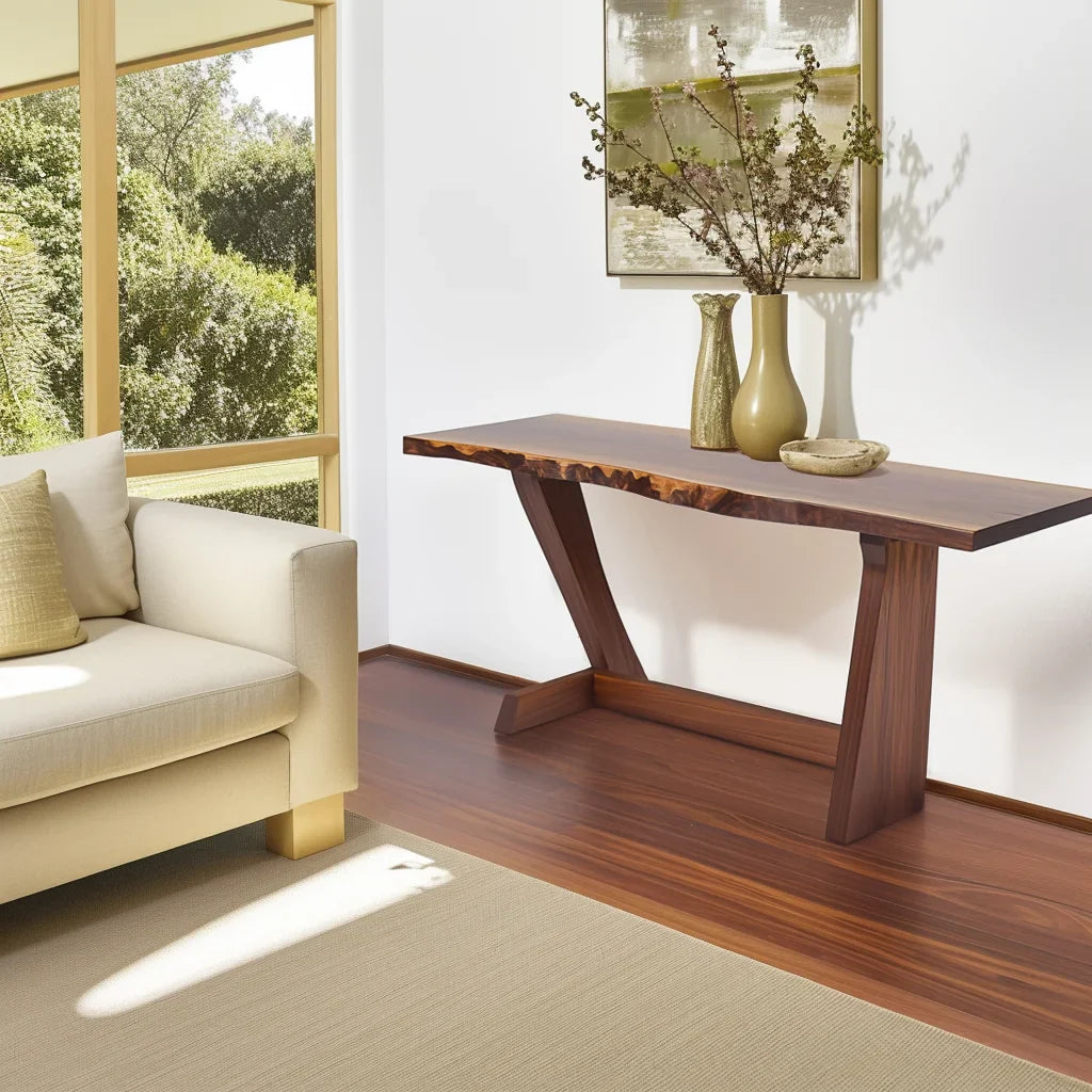 Live edge console table with angled legs styled in a sunlit modern living room