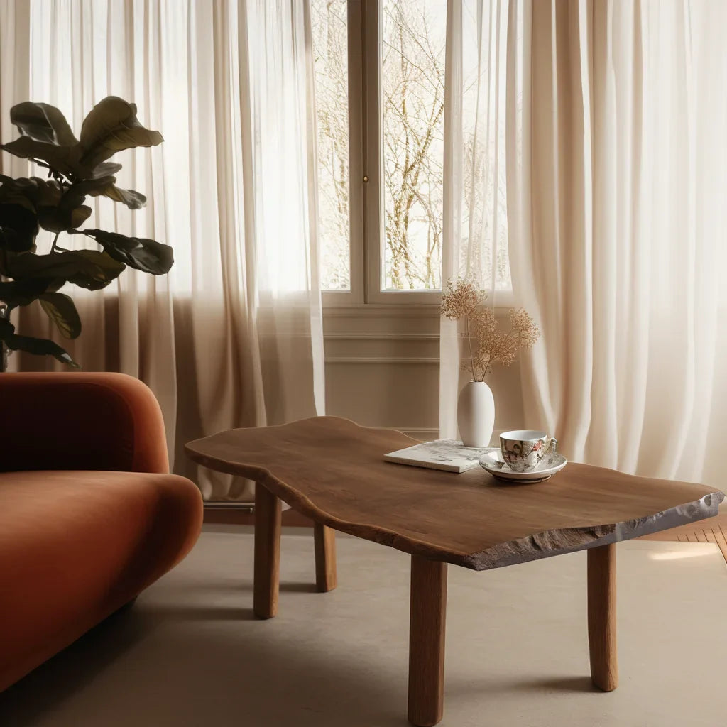 Low Table with curved top and rounded legs in cozy modern living room