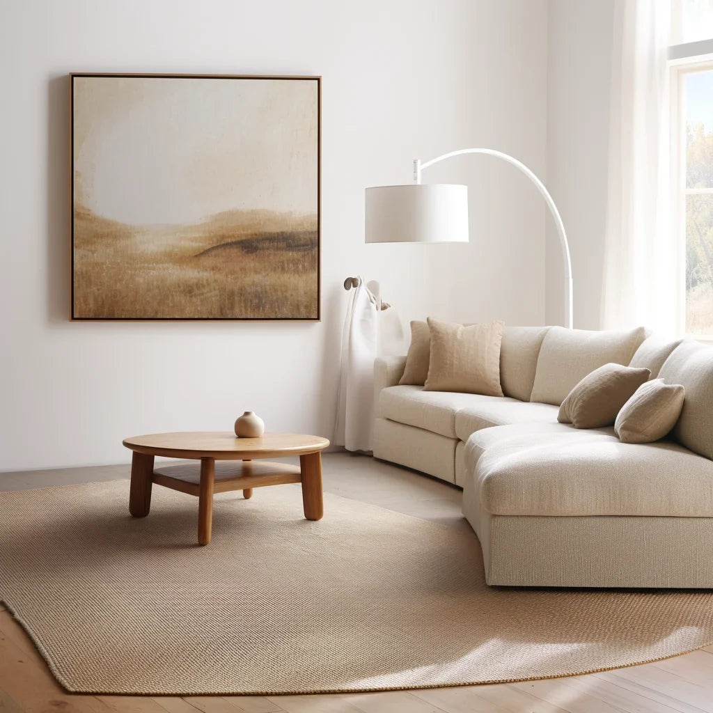 Low round coffee table in a minimalist Japandi-style living room