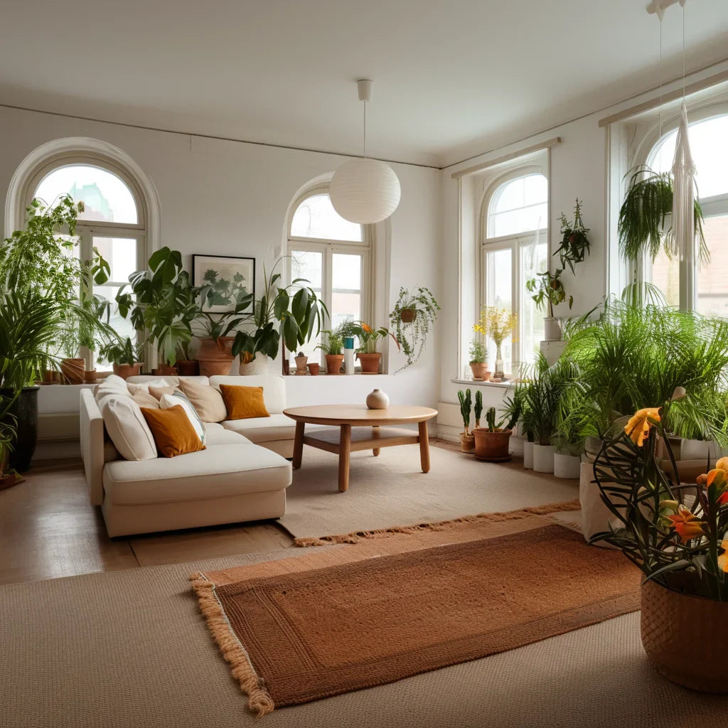 Low round coffee table in a minimalist Japandi-style living room