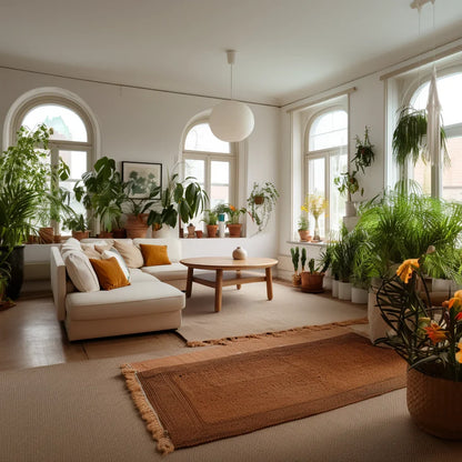 Low round coffee table in a minimalist Japandi-style living room
