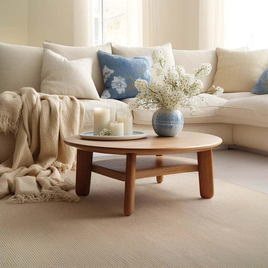 Low round coffee table in a minimalist Japandi-style living room
