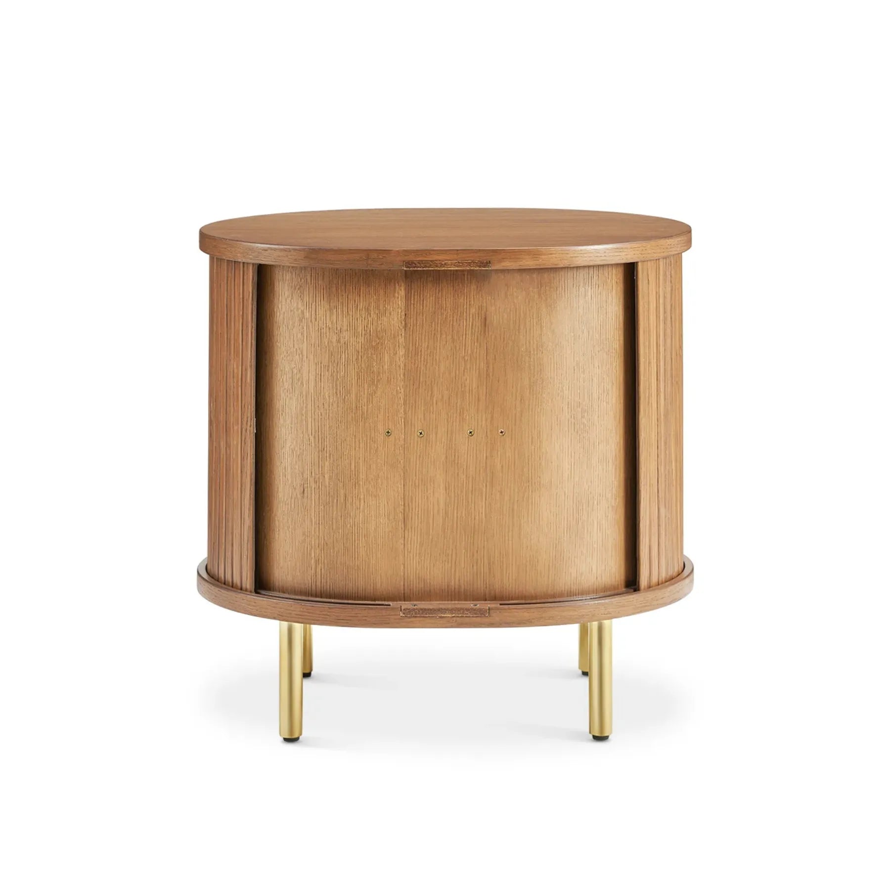 Luxury round nightstand with fluted panel design and gold metal legs perfect for modern bedrooms