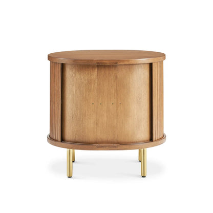 Luxury round nightstand with fluted panel design and gold metal legs perfect for modern bedrooms