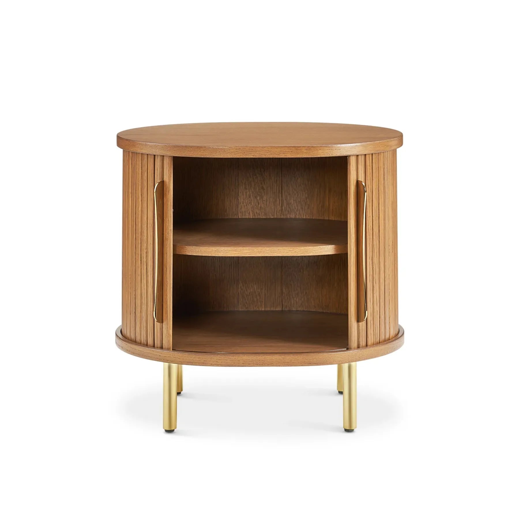 Luxury round nightstand with fluted panel design and gold metal legs perfect for modern bedrooms
