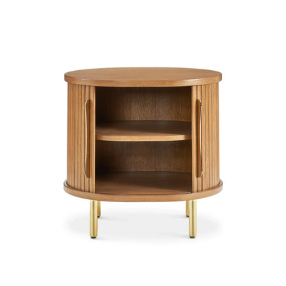Luxury round nightstand with fluted panel design and gold metal legs perfect for modern bedrooms