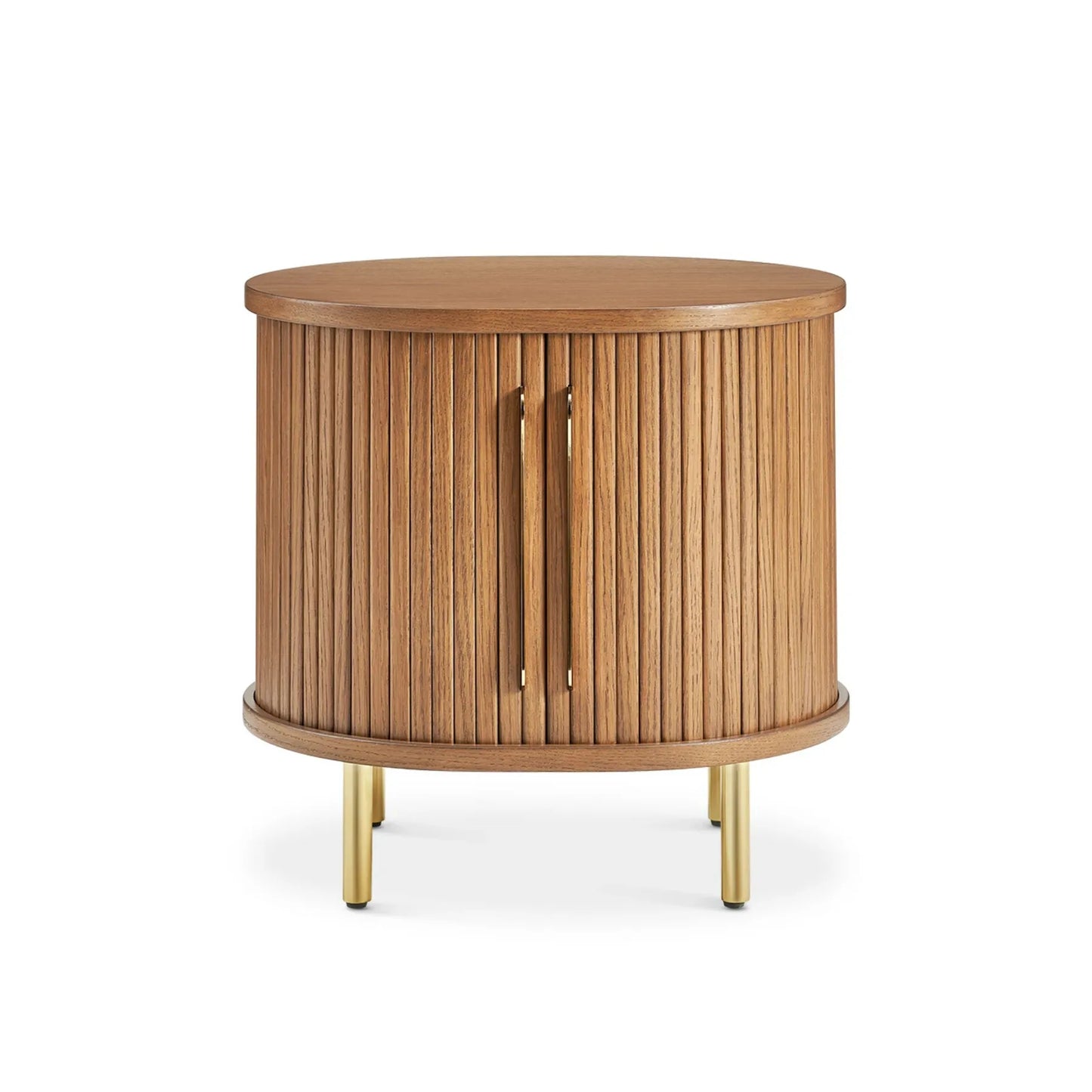 Luxury round nightstand with fluted panel design and gold metal legs perfect for modern bedrooms