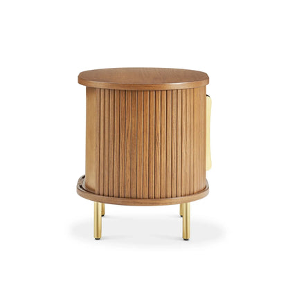 Luxury round nightstand with fluted panel design and gold metal legs perfect for modern bedrooms