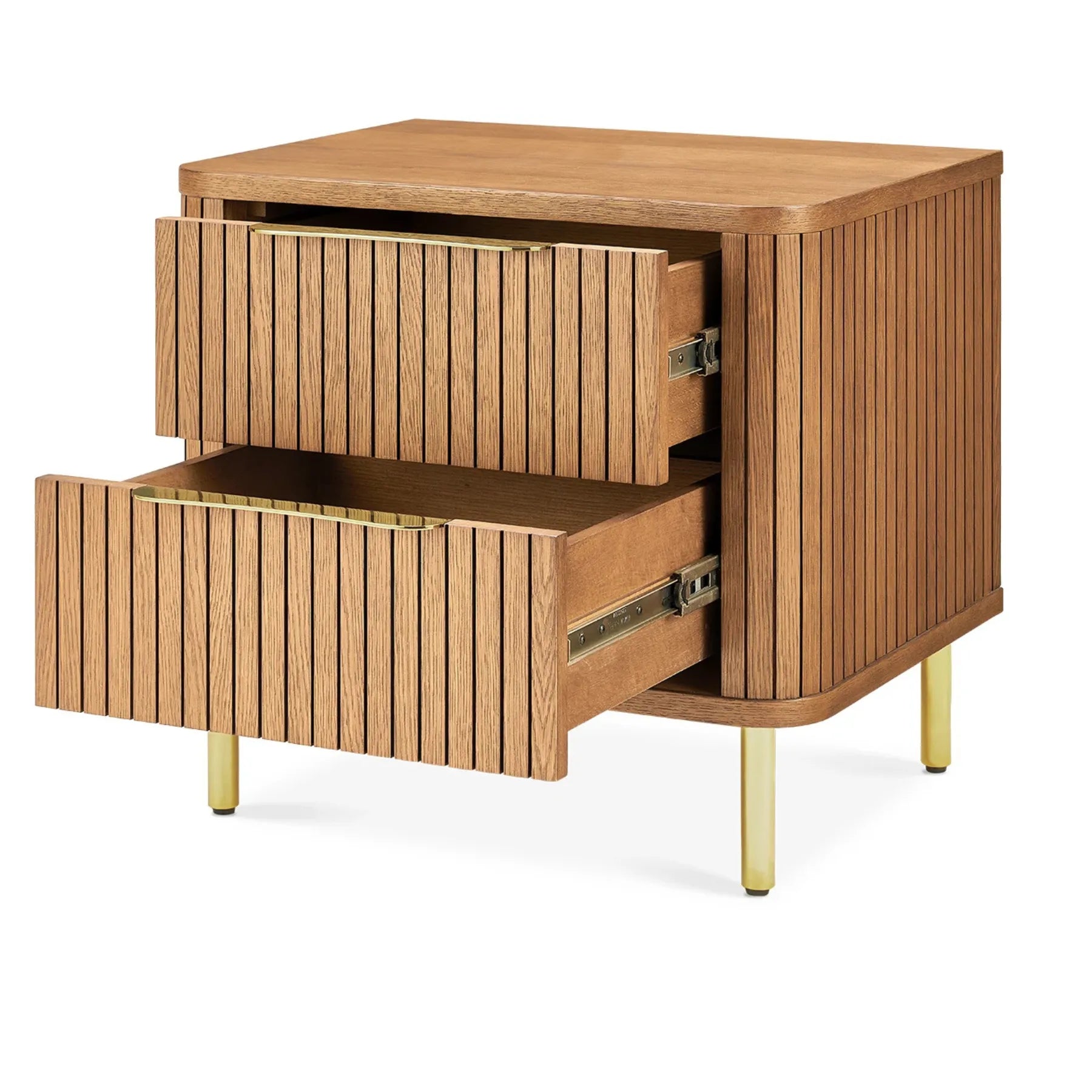 Luxury Nightstand with two drawers, vertical panel design, and gold metal legs in a modern bedroom setting