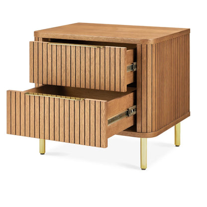 Luxury Nightstand with two drawers, vertical panel design, and gold metal legs in a modern bedroom setting