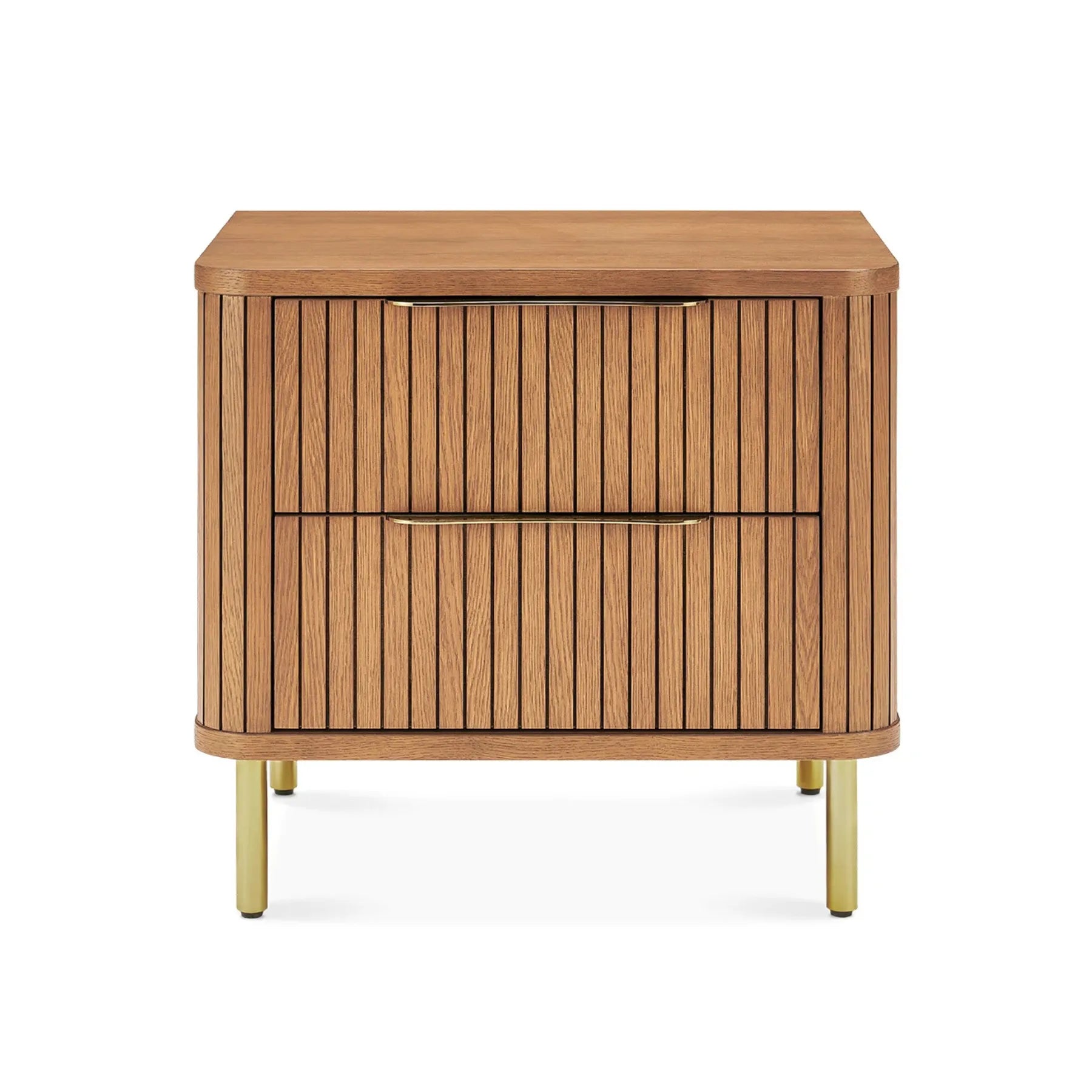 Luxury Nightstand with two drawers, vertical panel design, and gold metal legs in a modern bedroom setting