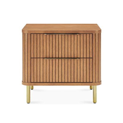 Luxury Nightstand with two drawers, vertical panel design, and gold metal legs in a modern bedroom setting