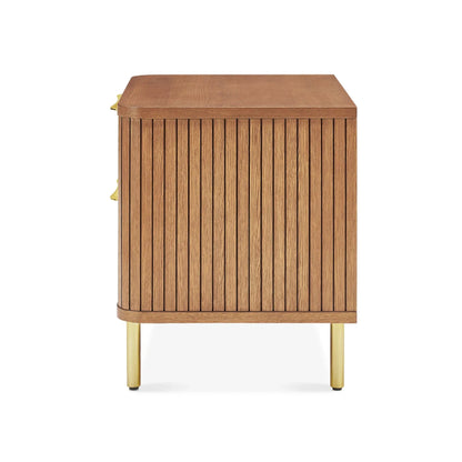 Luxury Nightstand with two drawers, vertical panel design, and gold metal legs in a modern bedroom setting