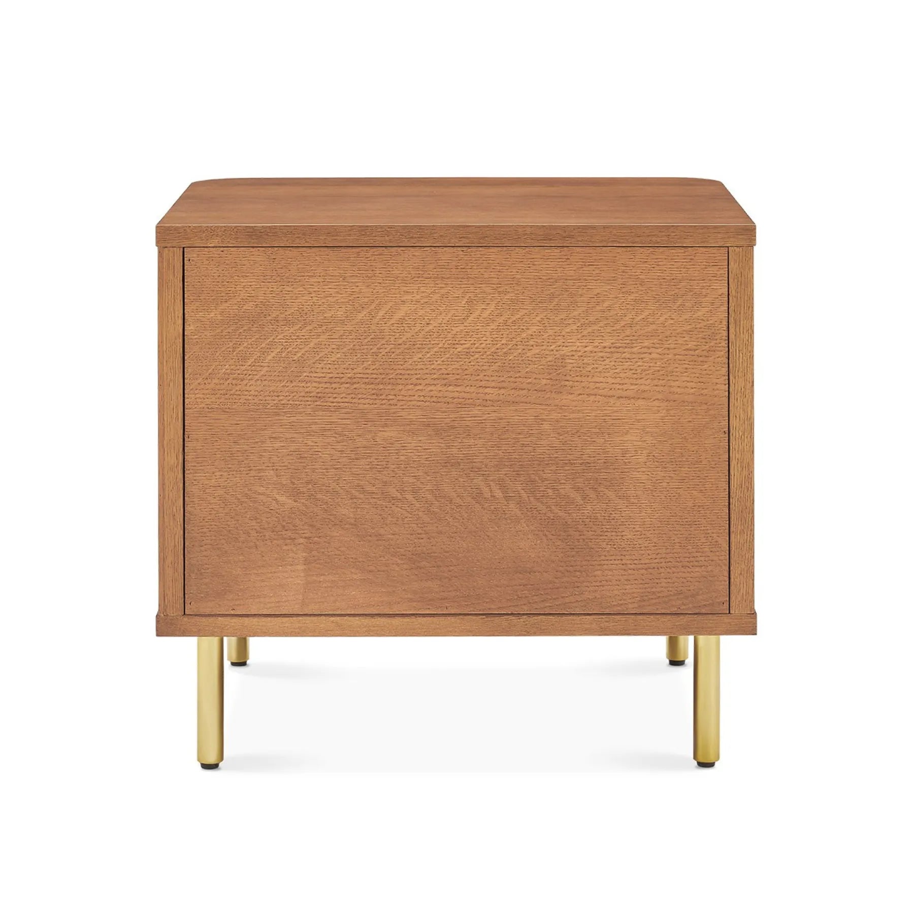 Luxury Nightstand with two drawers, vertical panel design, and gold metal legs in a modern bedroom setting