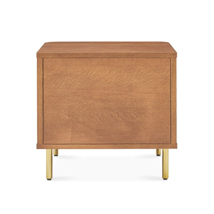 Luxury Nightstand with two drawers, vertical panel design, and gold metal legs in a modern bedroom setting