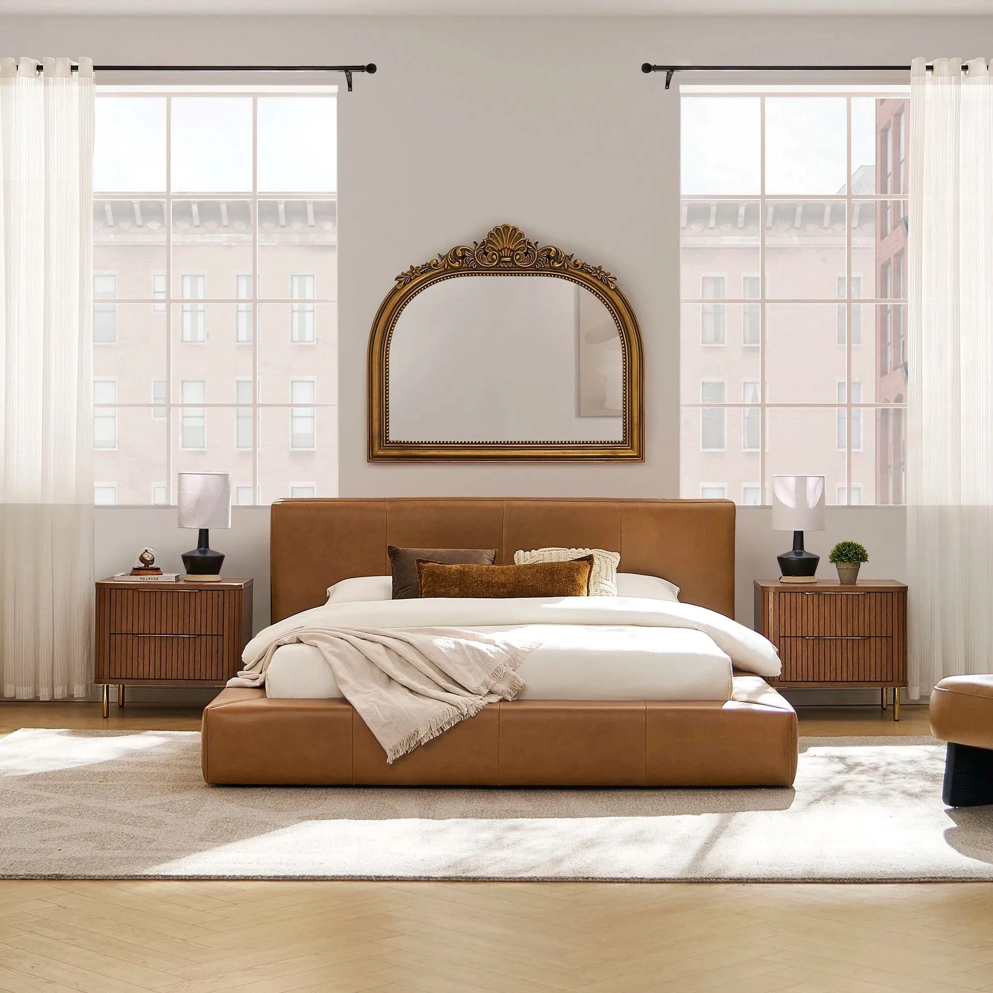 Luxury Nightstand with two drawers, vertical panel design, and gold metal legs in a modern bedroom setting