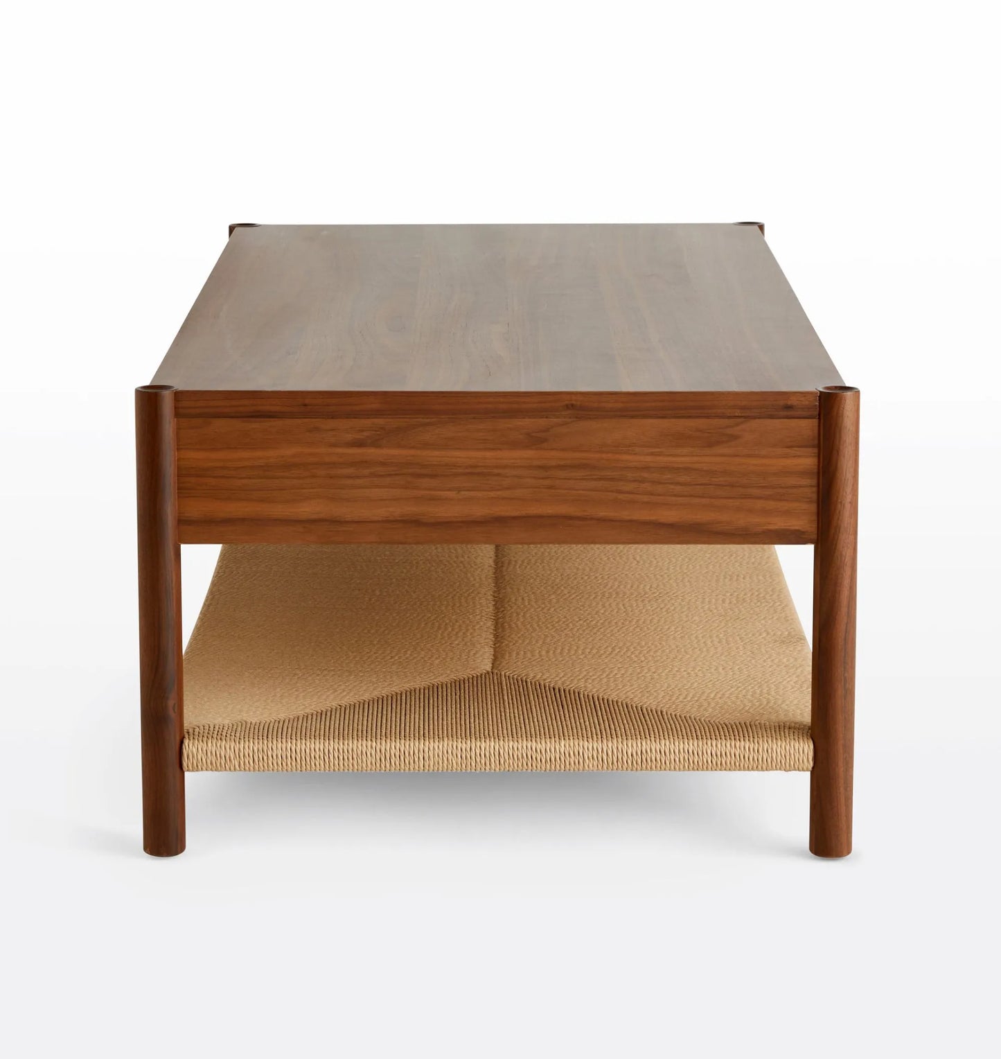 Mid Century Storage Coffee Table with woven shelf and brass handles