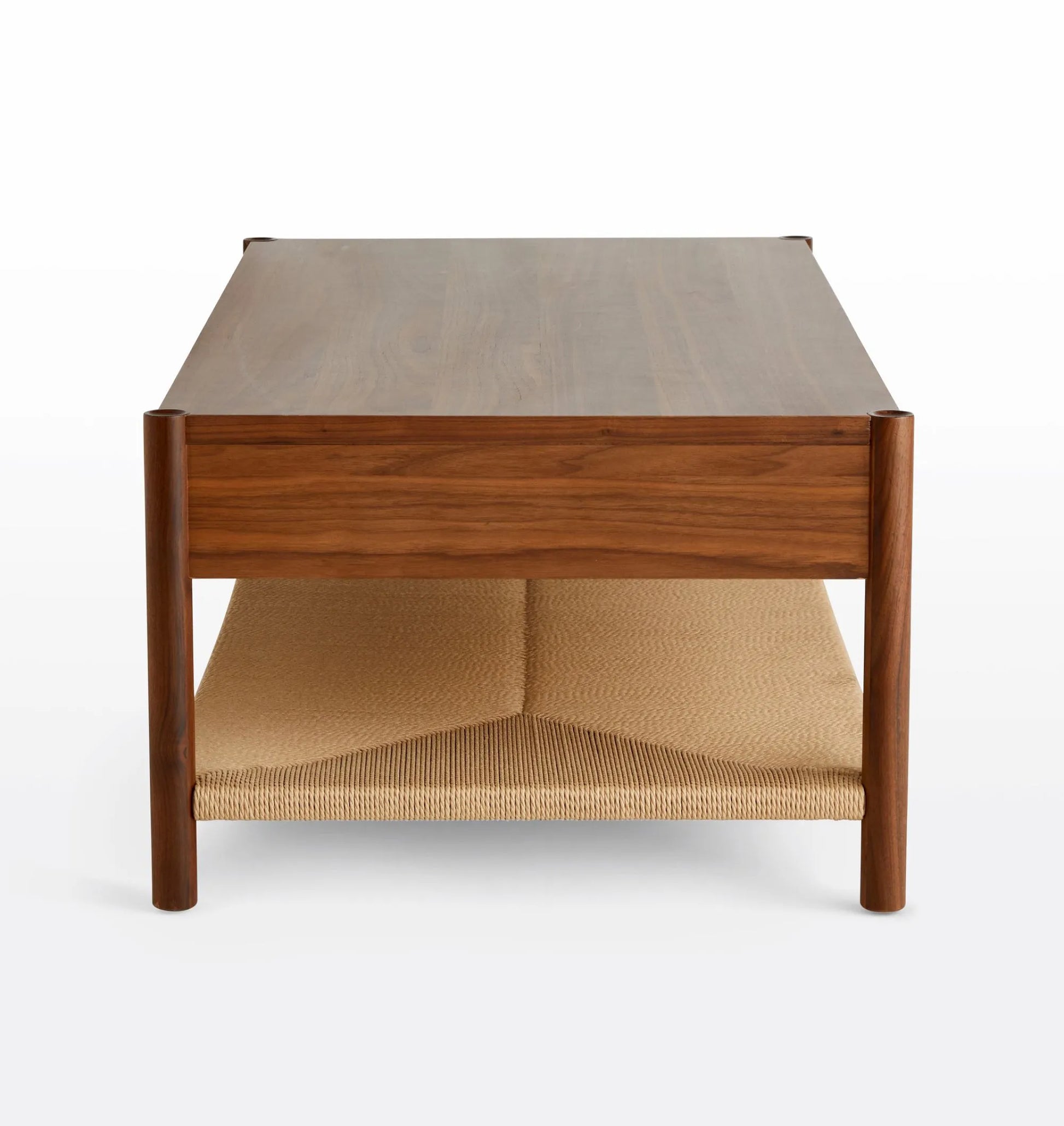 Mid Century Storage Coffee Table with woven shelf and brass handles