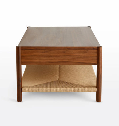 Mid Century Storage Coffee Table with woven shelf and brass handles