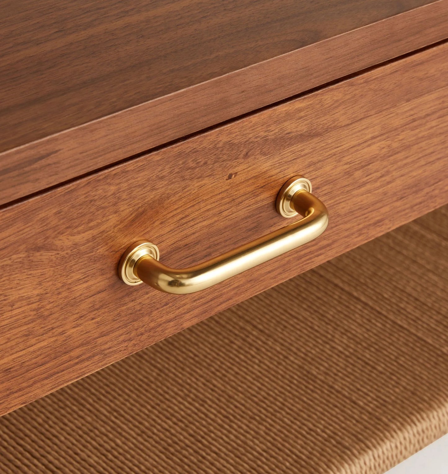 Mid Century Storage Coffee Table with woven shelf and brass handles