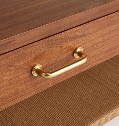 Mid Century Storage Coffee Table with woven shelf and brass handles