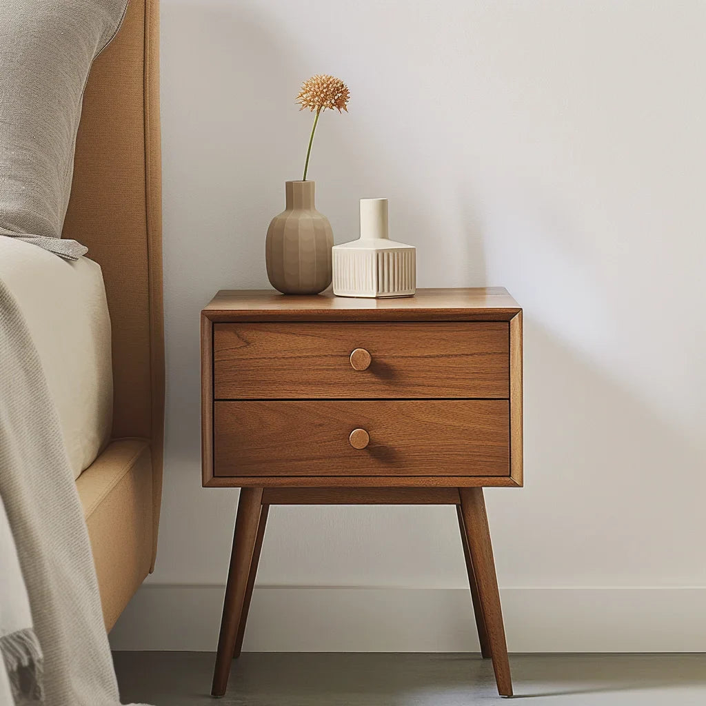 Mid-Century Wooden Nightstand with two drawers