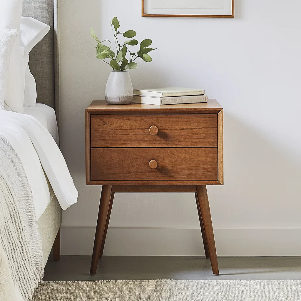 Mid-Century Wooden Nightstand with two drawers